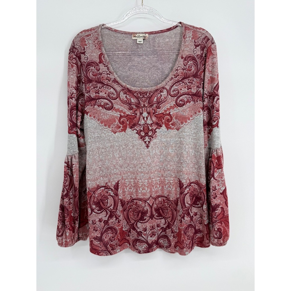 World Unity Womens Sz XL Red Grey Paisley Bell Sleeve Scoop Neck Knit Blouse